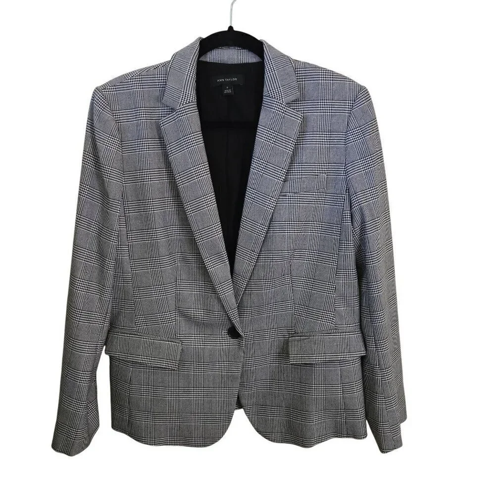 Ann Taylor Suiting Houndstooth Plaid Business Blazer Size 8